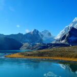 Sikkim’s Gurudongmar Lake in April with Sanglaphu and Gurdongmar mountains in the background.