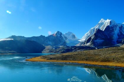 Sikkim’s Gurudongmar Lake in April with Sanglaphu and Gurdongmar mountains in the background.