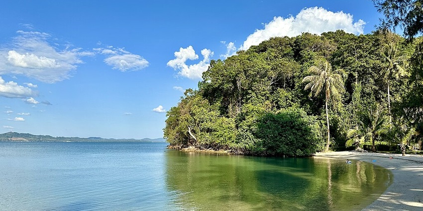 View of a crescent-shaped beach offering tranquillity and picturesque scenery.
