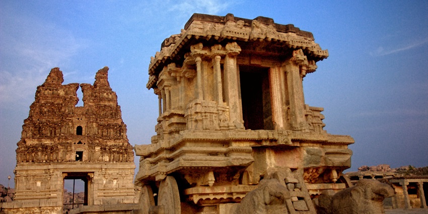 An image of a stone chariot in Vittala Temple, Hampi, commissioned by Krishnadevaraya