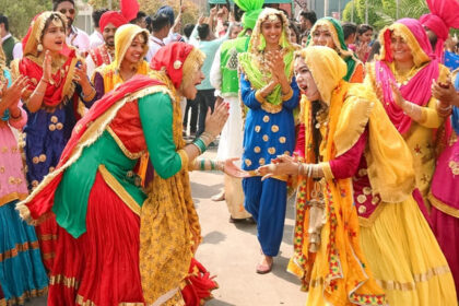 An image society women dancing during celebration of Baisakhi in Punjab with traditional dances