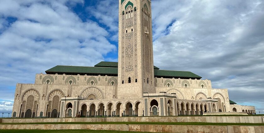 The towering minaret Hassan II Mosque overlooks the Atlantic with stunning architecture.