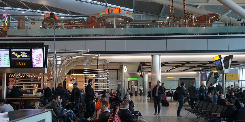 An image of the departure terminal at Heathrow Airport, one of the airports in England.