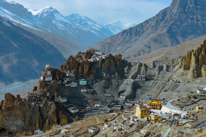 Monastery view from the top - Snow covered trees on the hills Himachal Pradesh