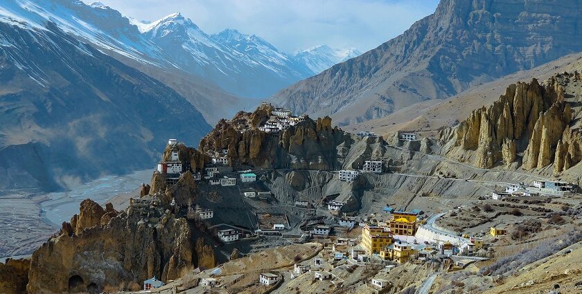 Monastery view from the top - Snow covered trees on the hills Himachal Pradesh