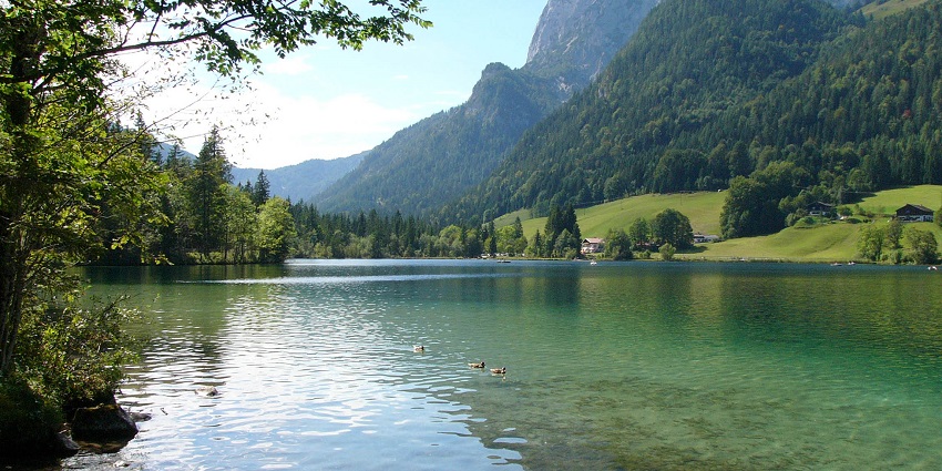 An image showing the serene Hintersee lake, a famous place near Berchtesgaden National Park.