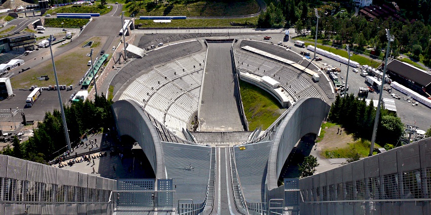 An image showing the Holmenkollen Jump Tower, a famous landmark in Oslo, Norway.