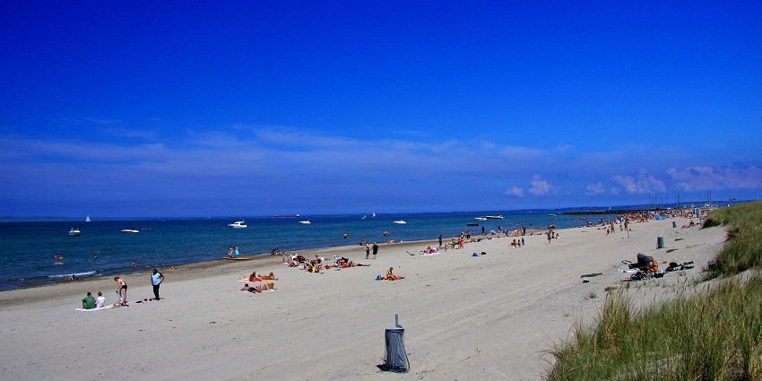 An image of Hornbæk Beach filled with people around it, a popular destination.