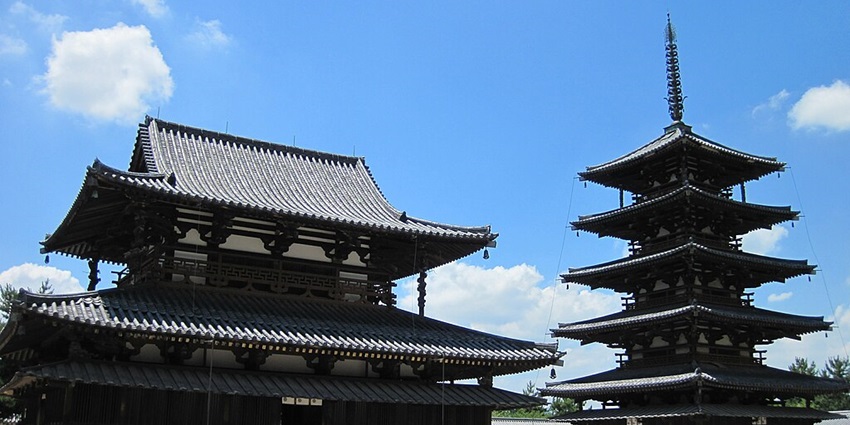 Historic wooden pagoda at Horyu-ji Temple, one of Japan’s oldest Buddhist structures.
