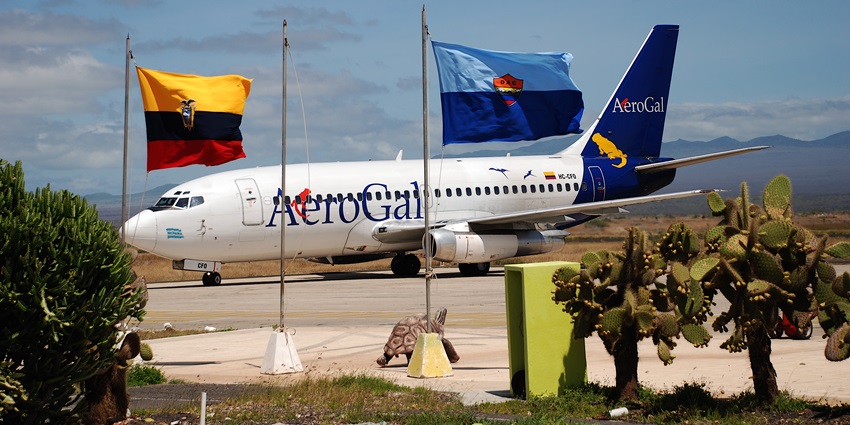 Planes at Baltra Airport, the sustainable gateway to Ecuador’s Islands.