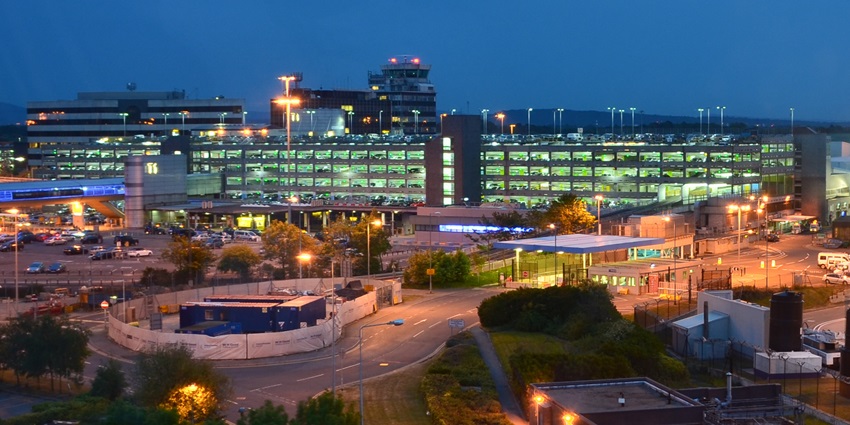 A night view of Manchester Airport, nearest airport to Lake District National Park