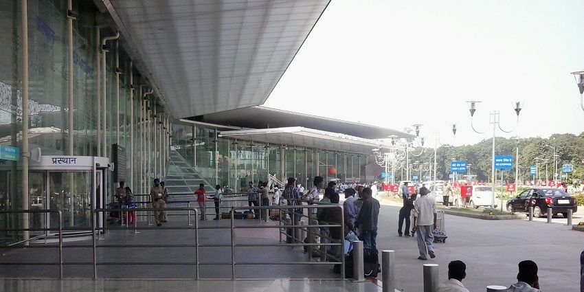 Passengers at the entrance of Lucknow International Airport near Anandi Water Park