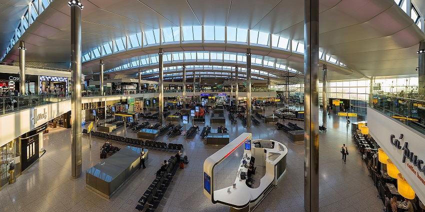 The central departure waiting area of Heathrow terminal