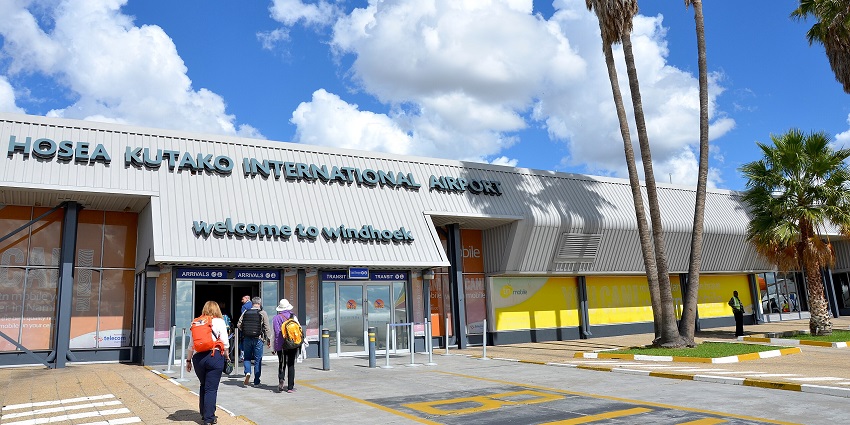 The beautiful entrance of the Hosea Kutako International Airport is located in Namibia, Africa.