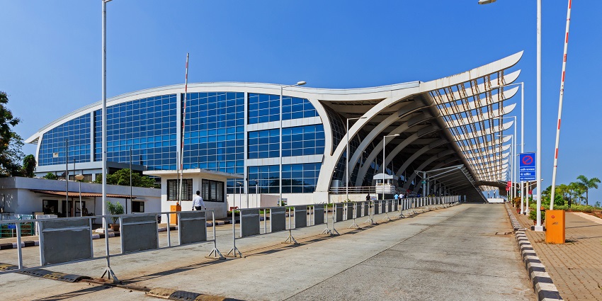 The glass building of the Goa International Airport.
