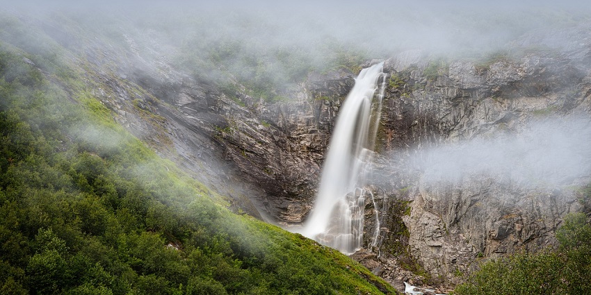An image resembling one of the four waterfalls in the Husedalen Valley. Among the many stunning Norway waterfalls.