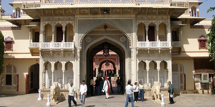 An image showing the architecture of marble entrance gate of City Palace, Jaipur, India