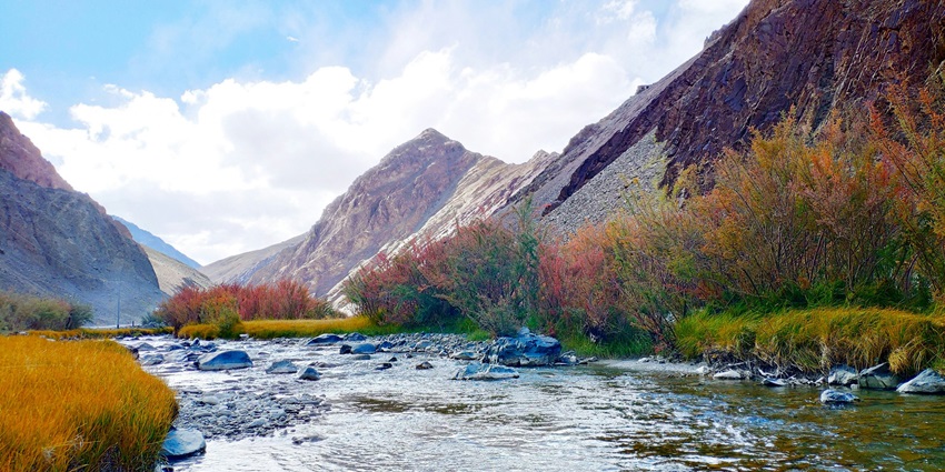 River flowing through a valley with autumn foliage under cloudy sky in Jammu and Kashmir