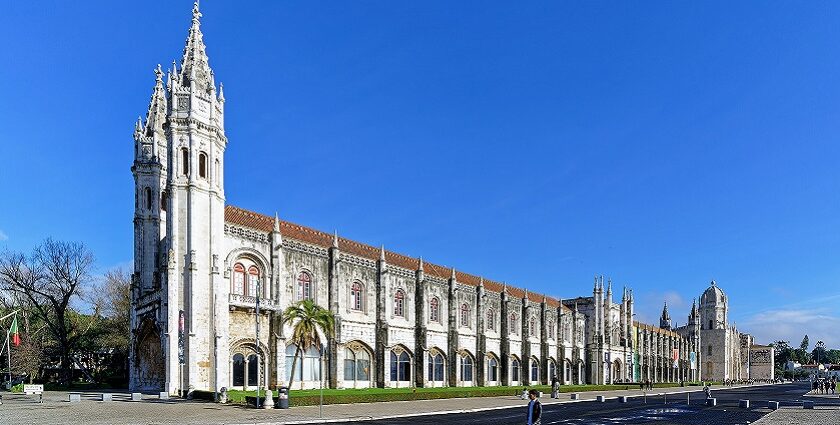 A glimpse of an entrance at Jeronimos monastery standing in Lisbon’s Belém district.