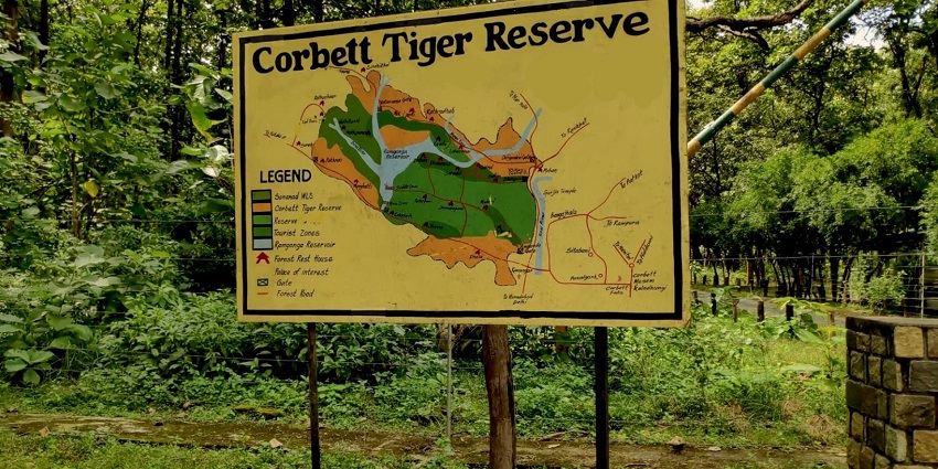 The signage of the tiger reserve in the Jim Corbett National Park.