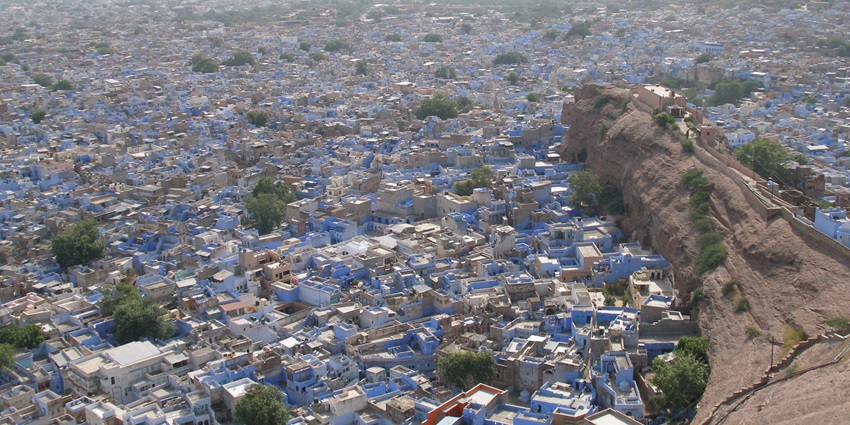 The aerial view of Jodhpur city where most of the houses are painted blue, as mentioned in Rajasthan travel guide.