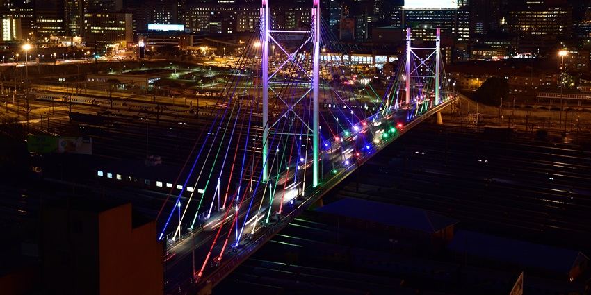View of the Mandela Bridge during night in Johannesburg, a top city in South Africa