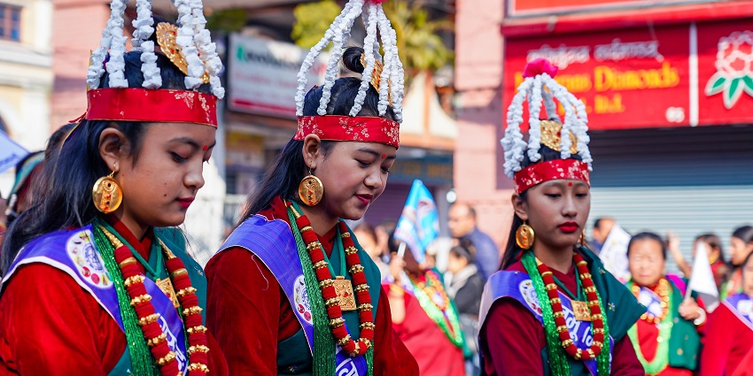 members of the ethnic Gurung community, dressed in traditional attire, are participating in the Tamu Losar