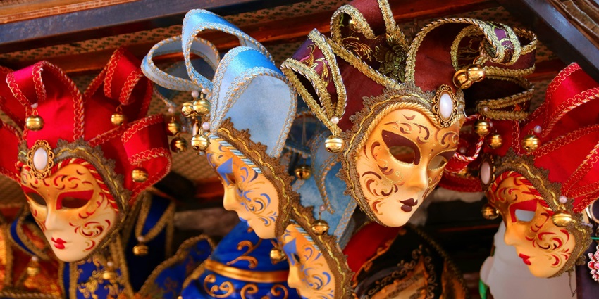 Various kinds of attractive masks to be worn in the masquerade ball during the Carnival in Goa.