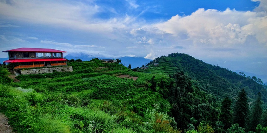 Lush green hills of Kaudia Range covered in dense forests under a clear blue sky