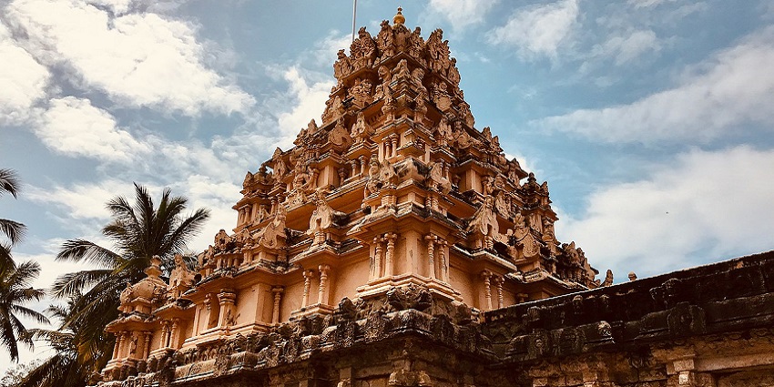 Gopuram of a lord Vishnu temple with intricate carvings and detailed architecture