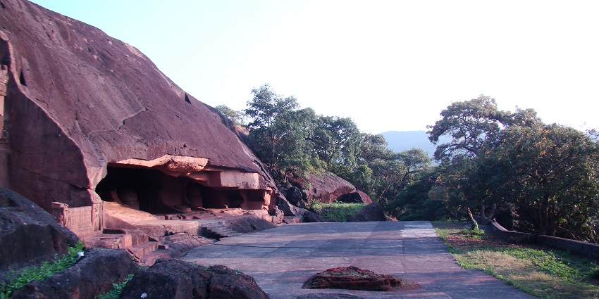 An image of the rock-cut Kanheri caves, the best buddhist caves in India, surrounded by trees
