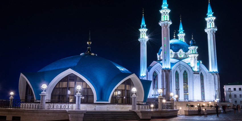 A stunning night image of Kul Sharif Mosque, Kazan, in Russia, illuminated with lights