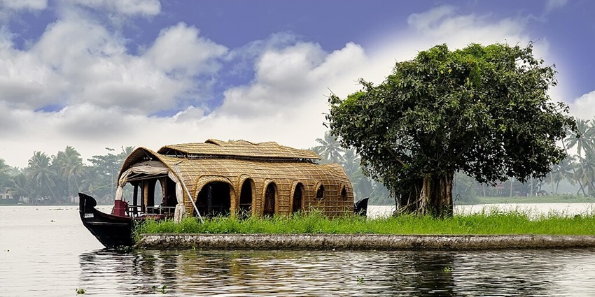 A typical houseboat in the Kerala backwaters located in Kerala, India.