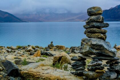 Image of Pangong Tso Lake gray rocks stacks on brown surface near the Khurnak Fort