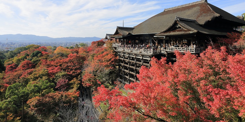 Famous Kyoto temple with panoramic city views from a wooden terrace
