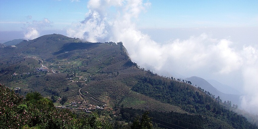 An image of mountains of Kodaikanal covered by lush greenery and surrounded by clouds