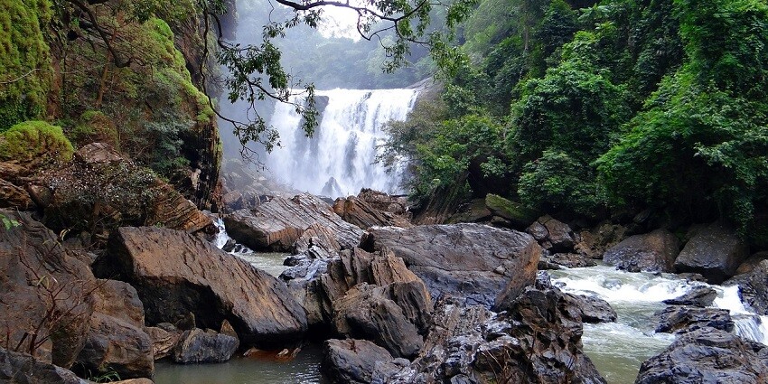 An image of a beautiful waterfall resembling the Kunchikal Falls covered in dense greenery