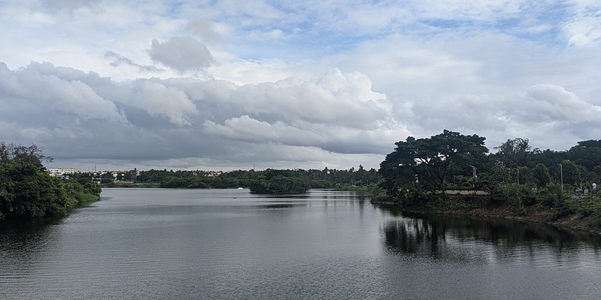Hebbal Lake with its calm water body surrounded by greenery and the reflection of trees.
