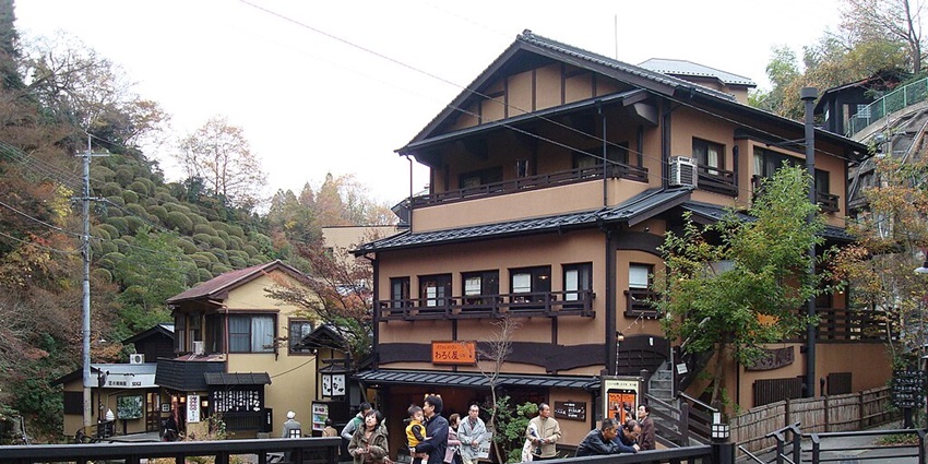 Street near the famous hot spring in Japan, offering traditional baths and nature retreats.