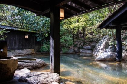 Image of hot bath at Kyoto Hot Springs, surrounded by lush greenery landscape