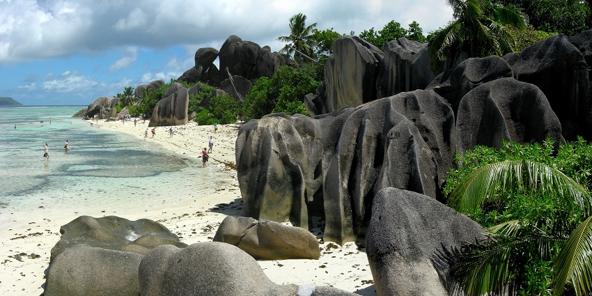 An image of La Digue, a charming island with beaches, granite boulders, and cycling trails