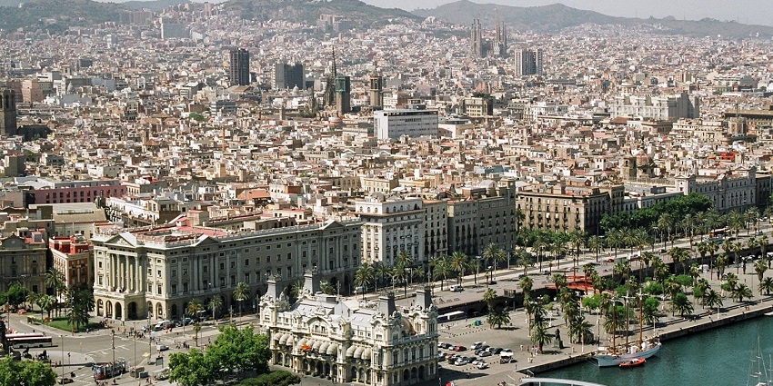 An aerial view of Barcelona’s La Rambla from a cable car shows its crowded settlements.