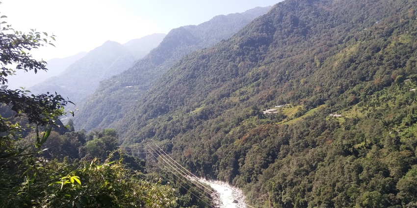 An aerial view of the Lachen River, it is one of the best hill stations in himalayas