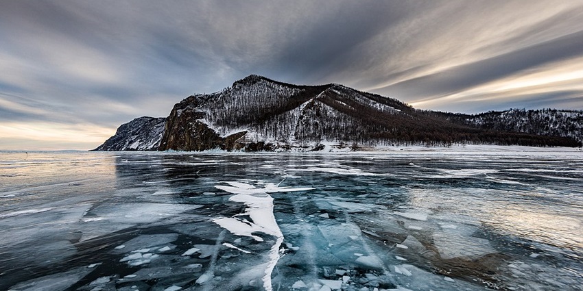 An image of the vast and frozen Lake Baikal, one of the deepest lakes in the world