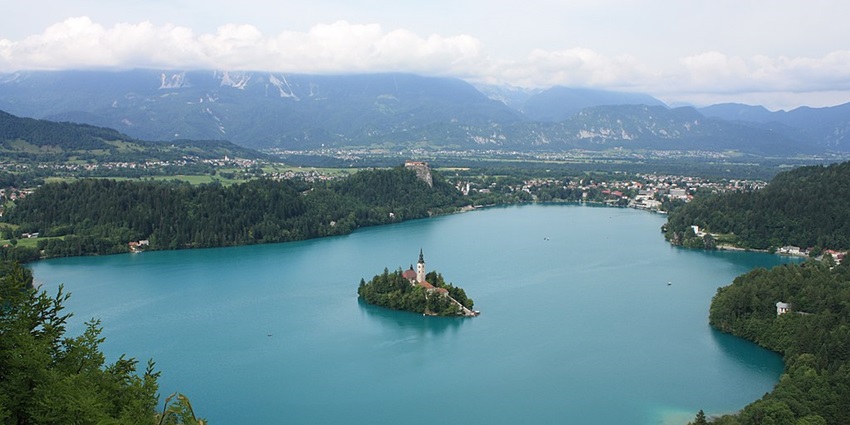An image of Lake Bled, Slovenia, one of the most beautiful lakes in Europe, with an island church.