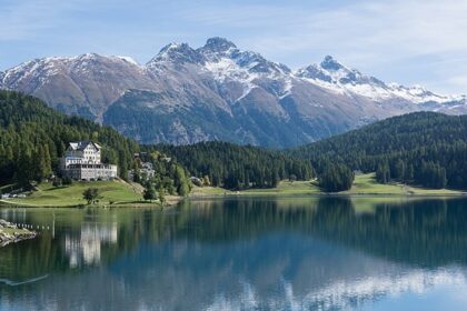 An image of Lake St. Moritz, Switzerland, with stunning alpine views and clear blue waters.