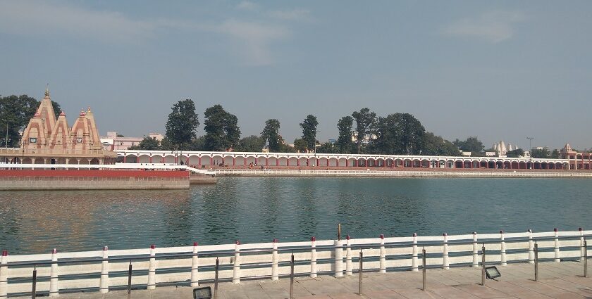 Haryana Tourism restaurant on Damdama Lake with calm waters and lush greenery around.