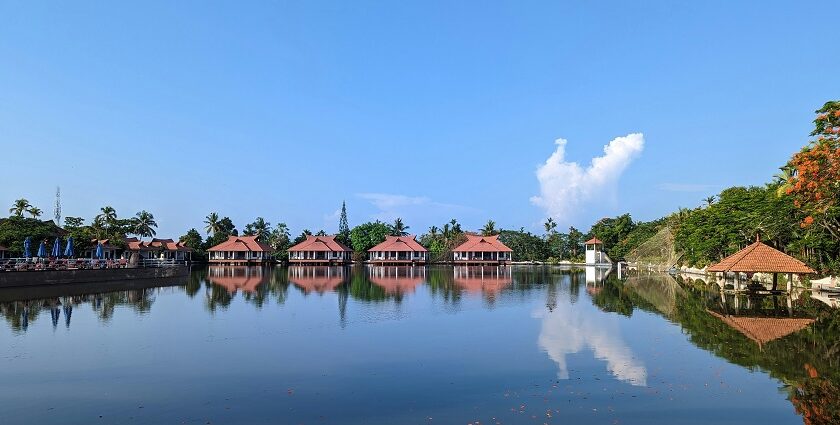 One of the lakes in Kerala, surrounded by lush greenery, perfect for a peaceful retreat.