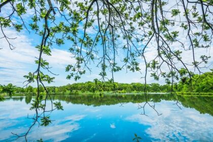 An image of Twin lakes in Missouri with the reflection of the clear blue sky and trees