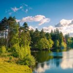 Lake with a still water body, green shorelines and green mountains in the landscape